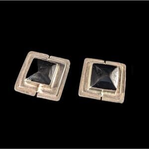 Vintage sterling silver onyx square statement earrings Taxco Mexico modernist